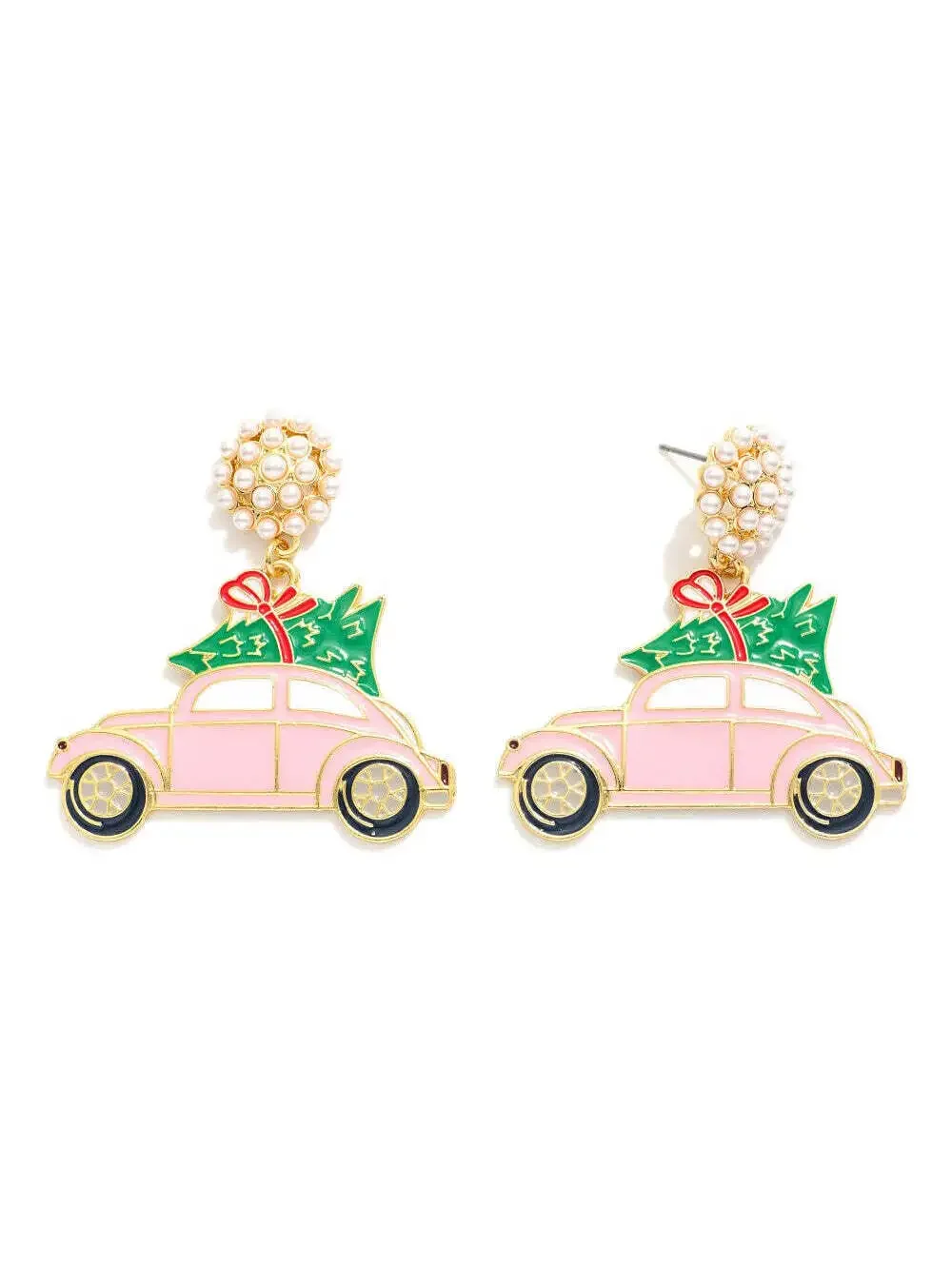 Pink Christmas Tree Car Enamel Drop Earrings with Pearl Posts